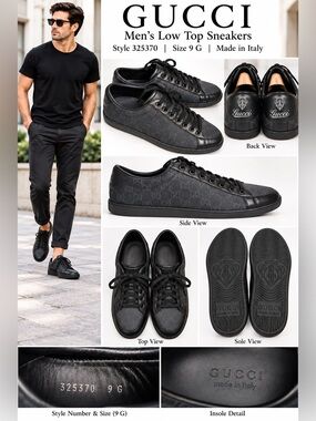 Gucci Men’s Black GG Monogram Low Top Sneakers Made in Italy Size 9 G
